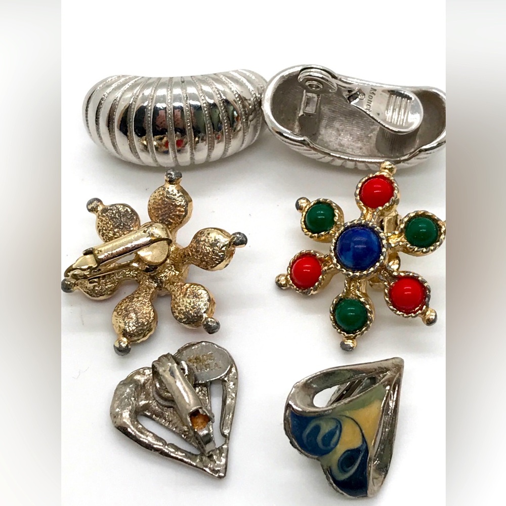 Earrings Vtg Clip On Heart Swirl USA, Monet Caterpillar, Starburst